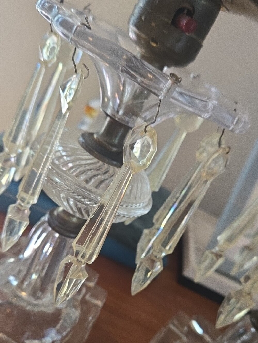 1930s Clear Crystal Glass Budoir  Lamps with Hanging Prisms - Pair - Picture 4 of 7